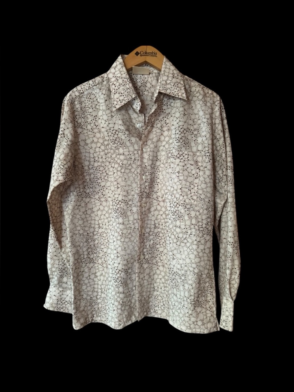 1970s Sears Kings Road Dagger Collar Ditsy Polka Dot Print Poly Button Down Shir